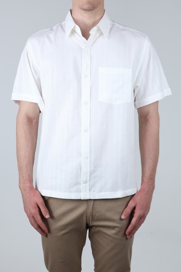 Camisa Blanca Moda Hombre Verano Manga Corta Con Rayas Y Bolsillo